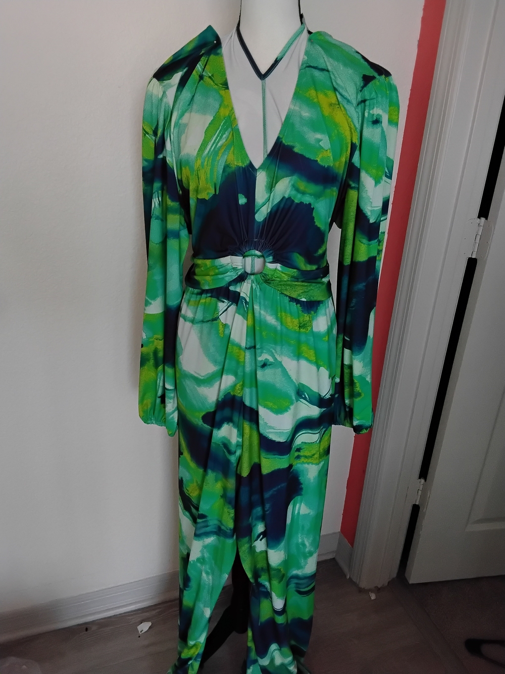 Green Abstract Print Halter Jumpsuit with Belt